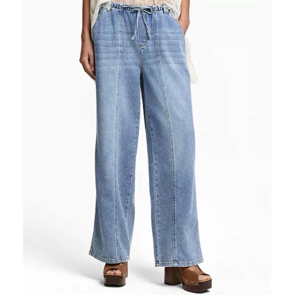 NWT And Now This Jeans Wide Leg Tie Waist Drapey Blue Med Wash Comfort Size XS - Picture 2 of 13